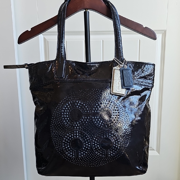 Coach Audrey Midnight Blue Tote Bag EUC Perforated C Logo Pattern - Picture 1 of 15